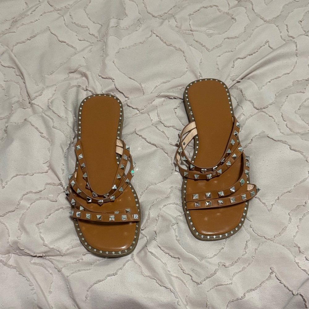 Tan Studded Women's Slip-On Sandals